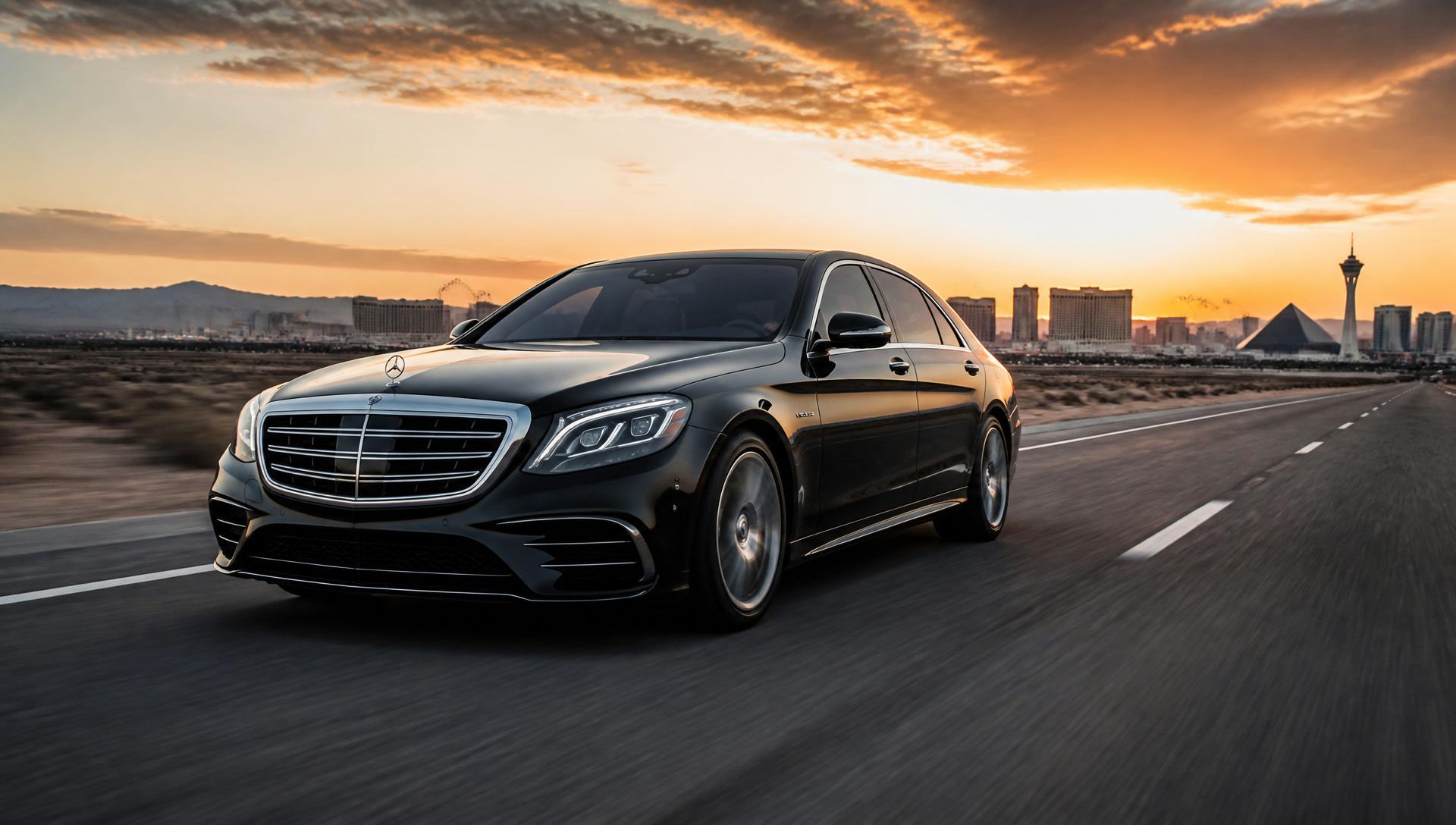 Black luxury sedan on the open road at golden hour with the Las Vegas skyline